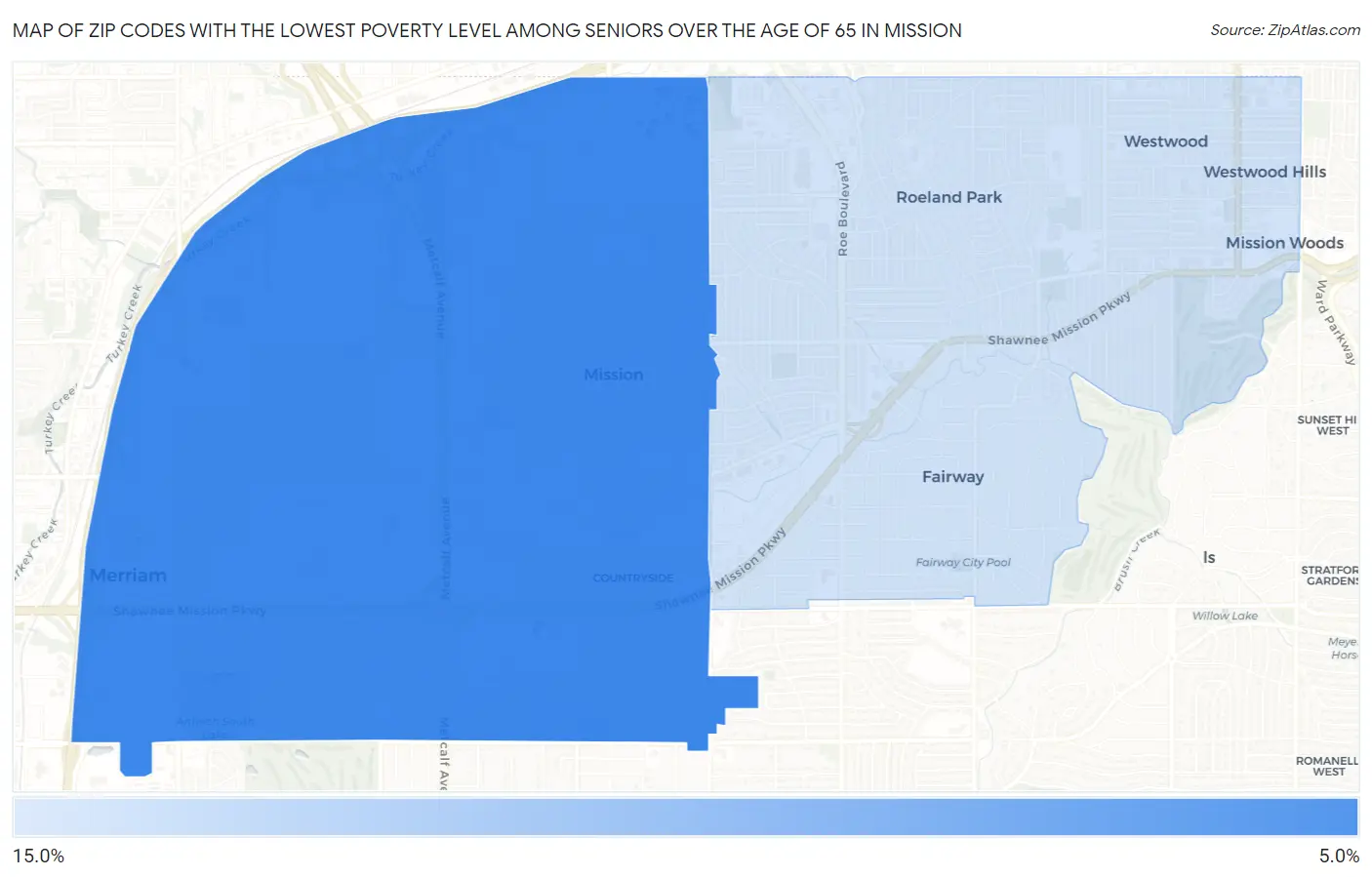 Zip Codes with the Lowest Poverty Level Among Seniors Over the Age of 65 in Mission Map