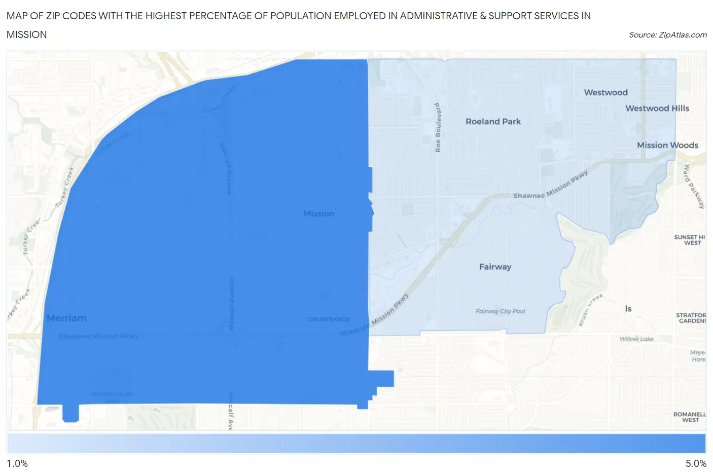 Zip Codes with the Highest Percentage of Population Employed in Administrative & Support Services in Mission Map