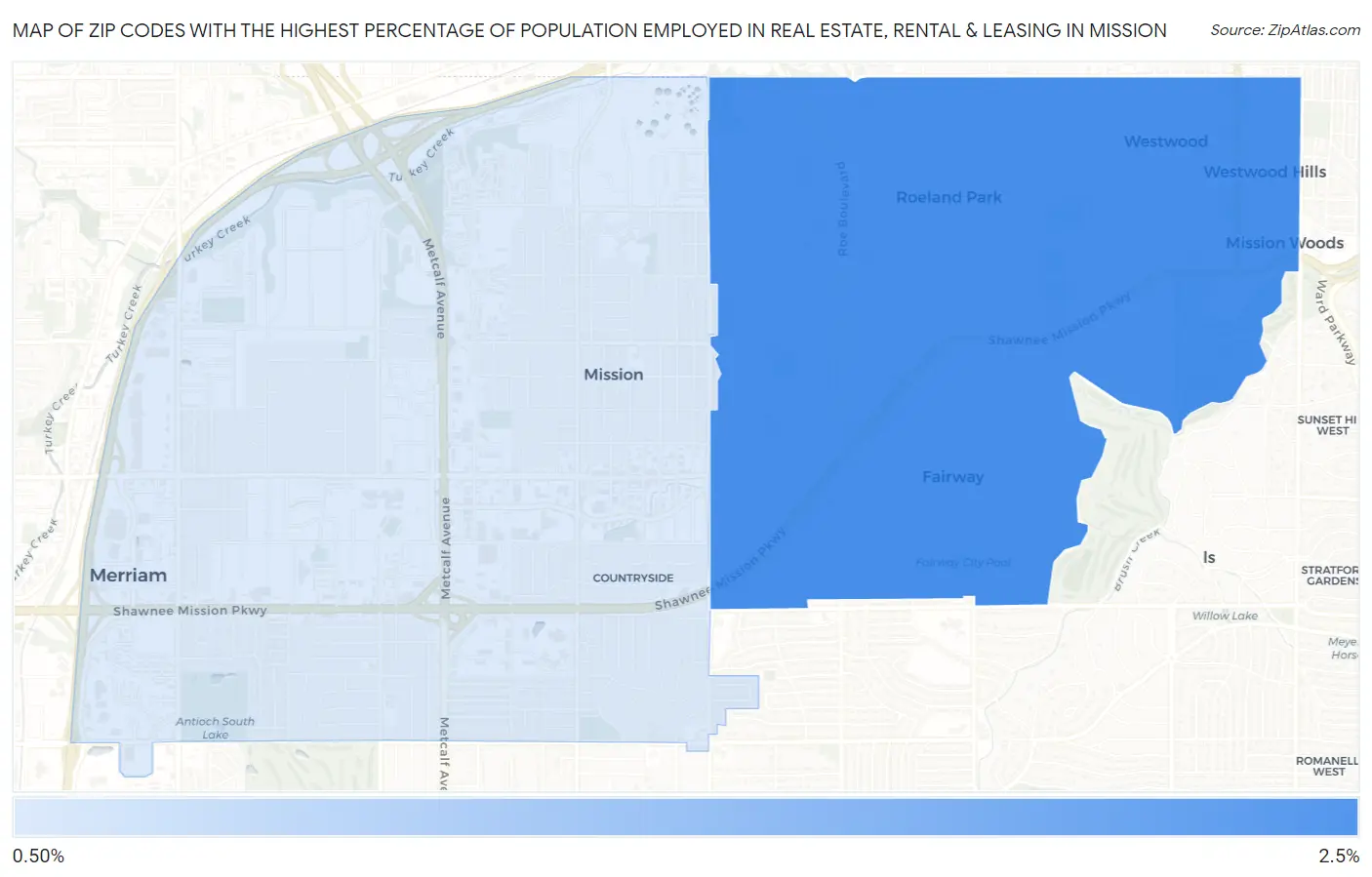 Zip Codes with the Highest Percentage of Population Employed in Real Estate, Rental & Leasing in Mission Map