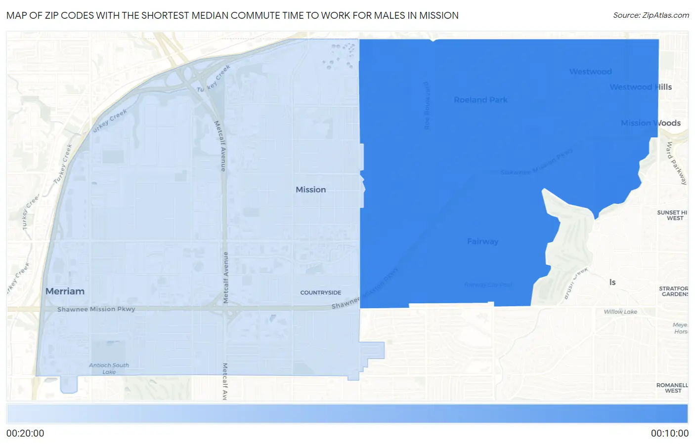 Zip Codes with the Shortest Median Commute Time to Work for Males in Mission Map