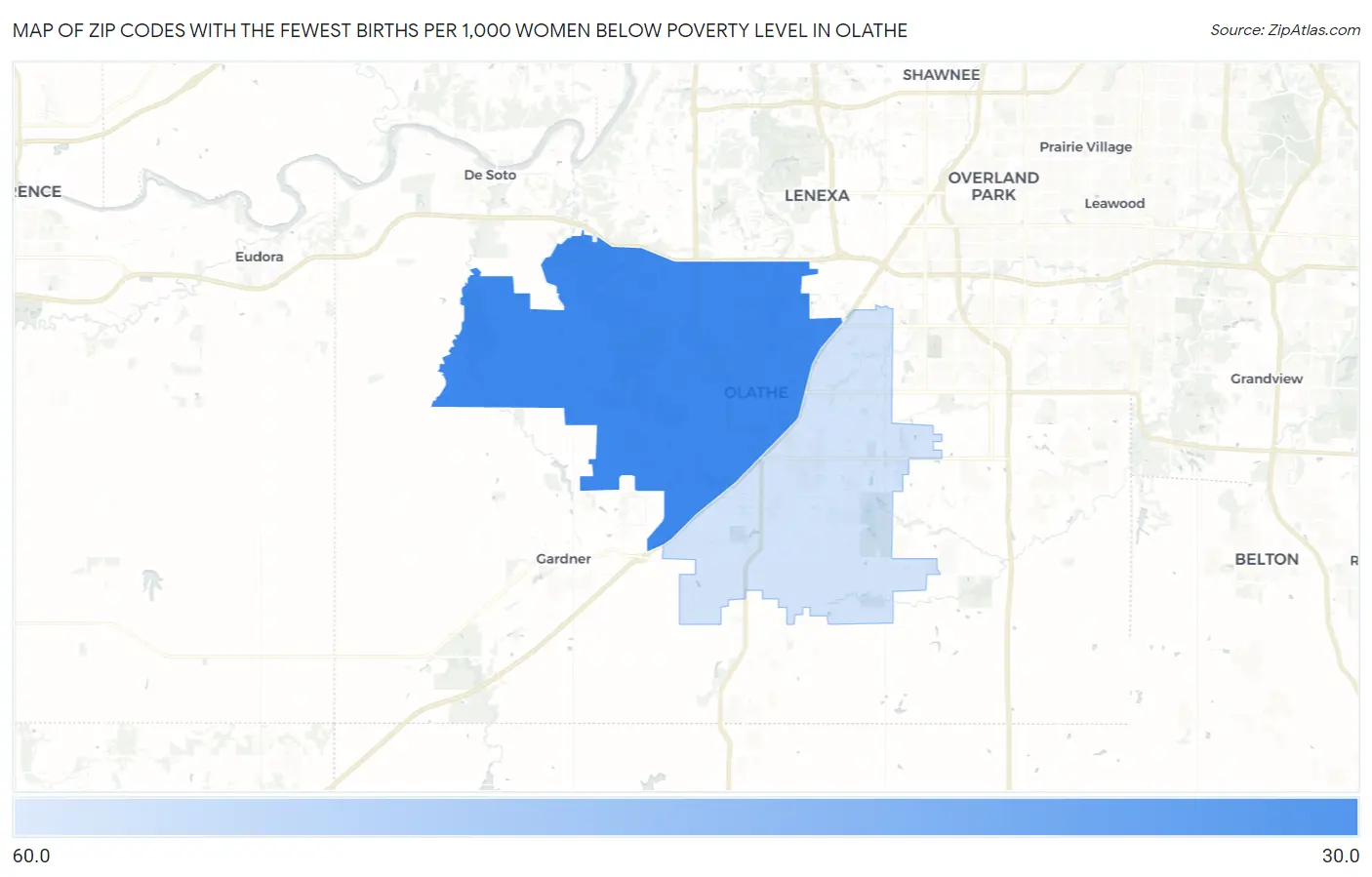 Zip Codes with the Fewest Births per 1,000 Women Below Poverty Level in Olathe Map