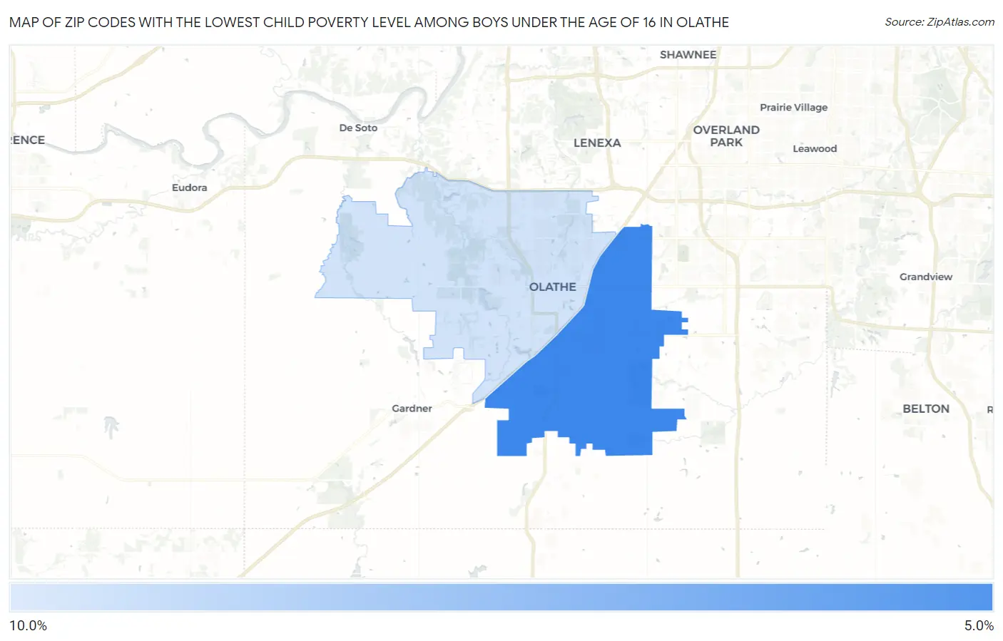Zip Codes with the Lowest Child Poverty Level Among Boys Under the Age of 16 in Olathe Map