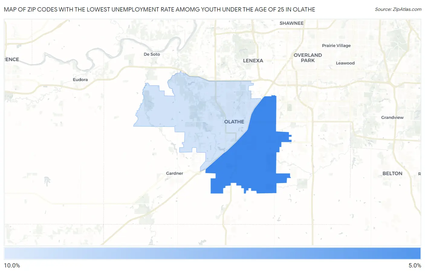 Zip Codes with the Lowest Unemployment Rate Amomg Youth Under the Age of 25 in Olathe Map