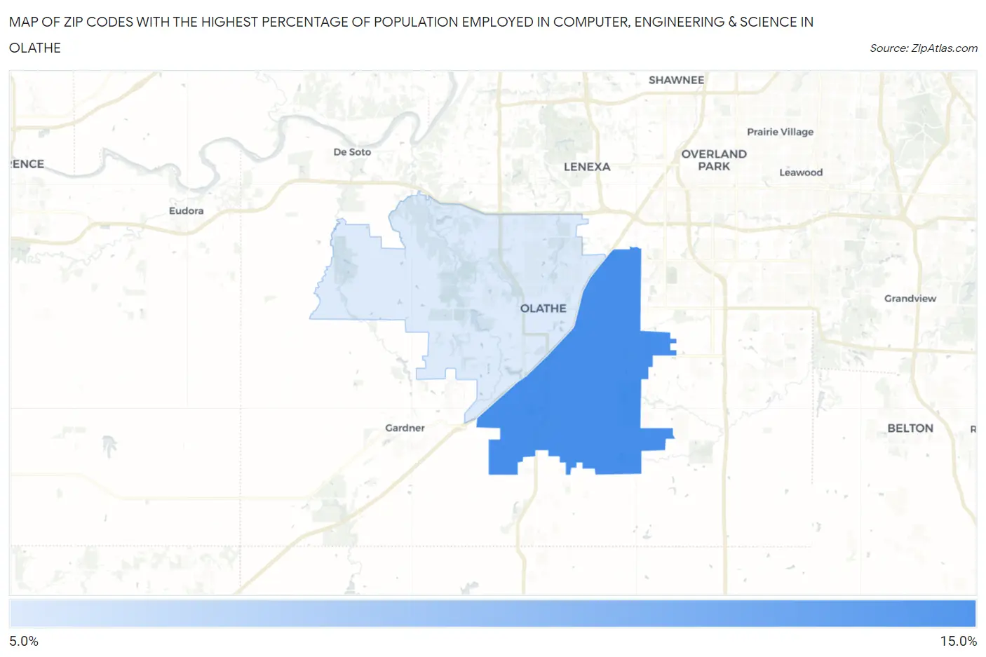 Zip Codes with the Highest Percentage of Population Employed in Computer, Engineering & Science in Olathe Map