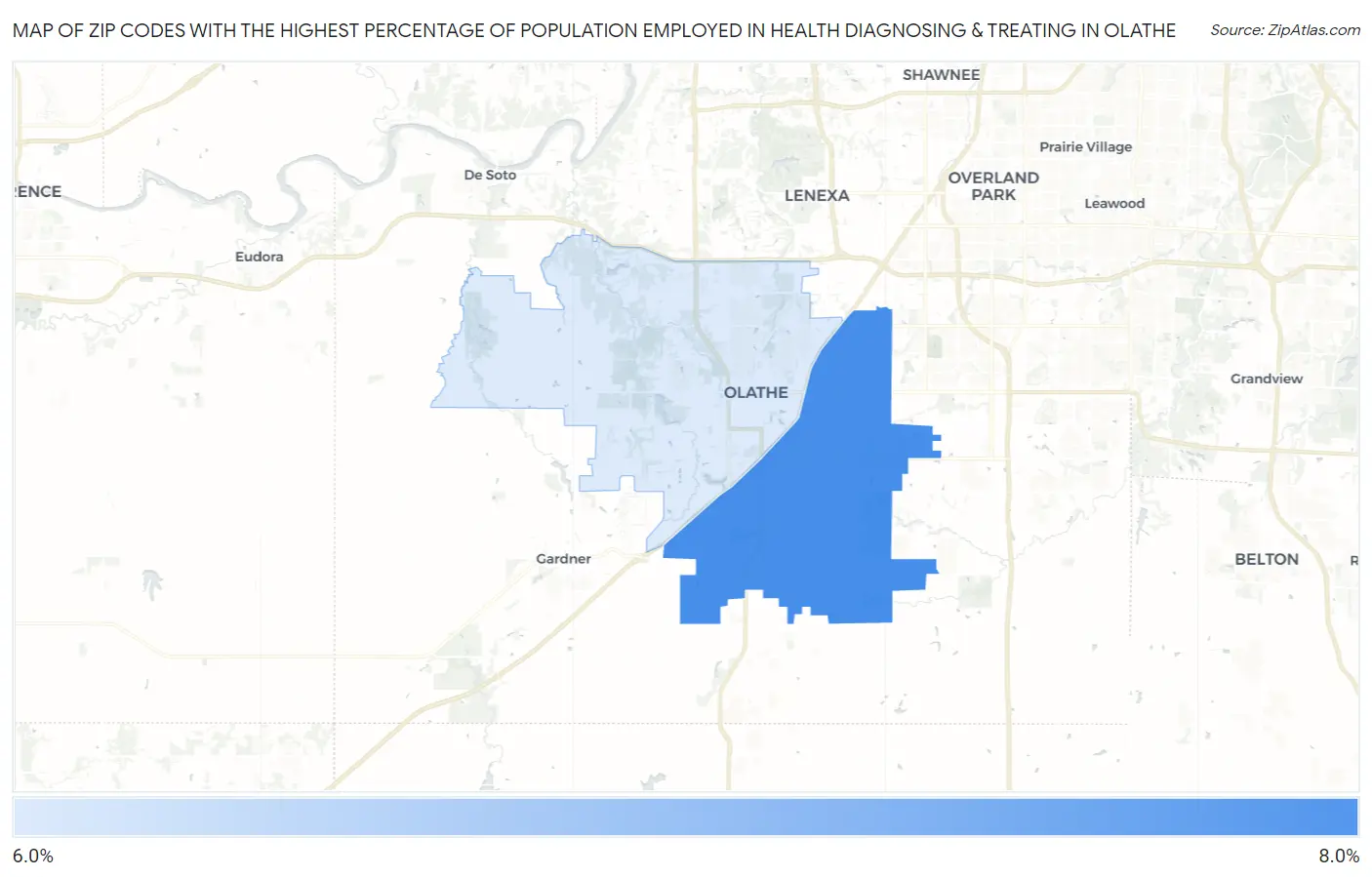 Zip Codes with the Highest Percentage of Population Employed in Health Diagnosing & Treating in Olathe Map