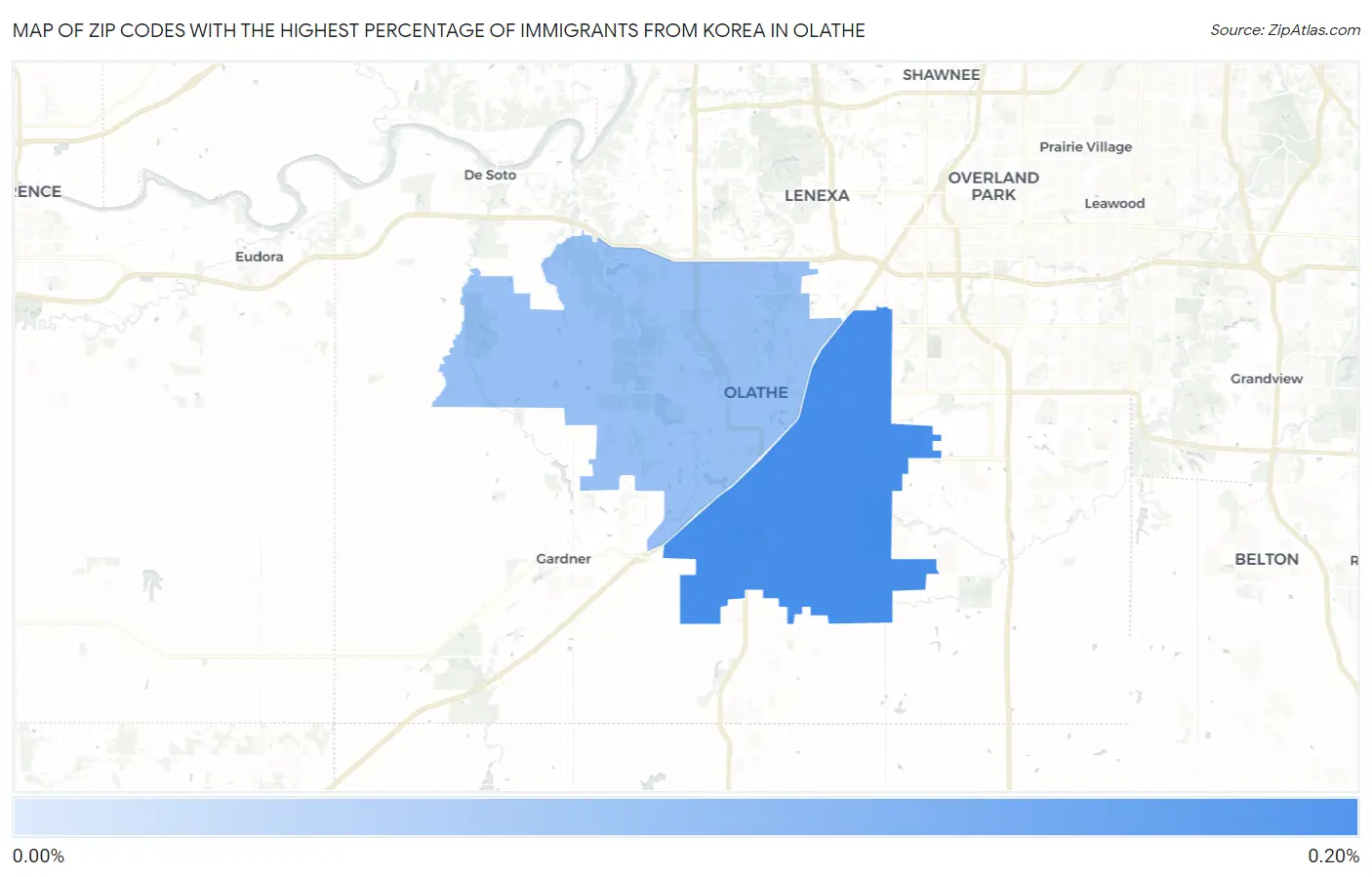 Zip Codes with the Highest Percentage of Immigrants from Korea in Olathe Map