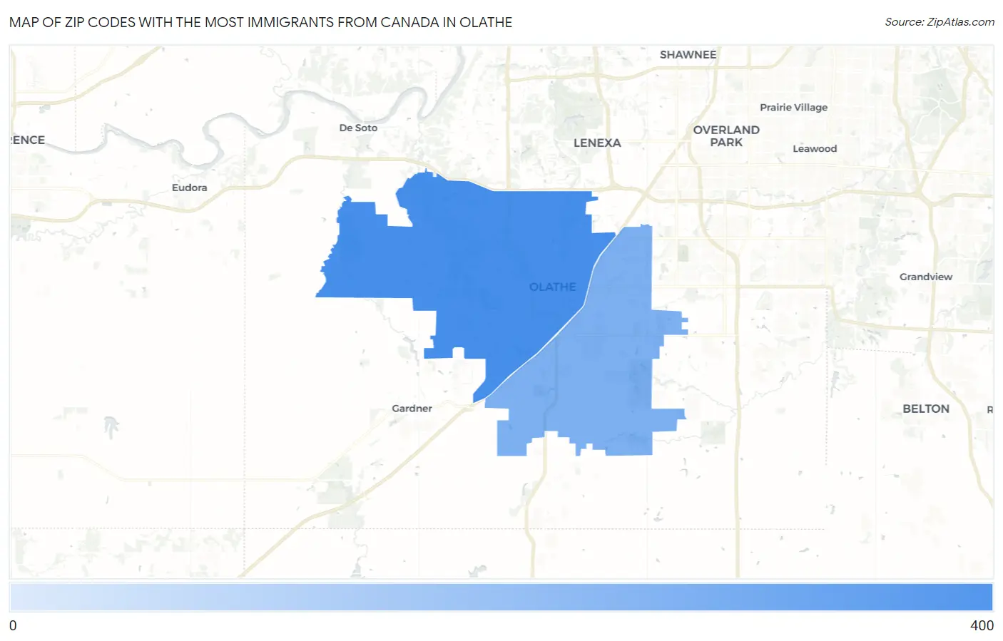Zip Codes with the Most Immigrants from Canada in Olathe Map