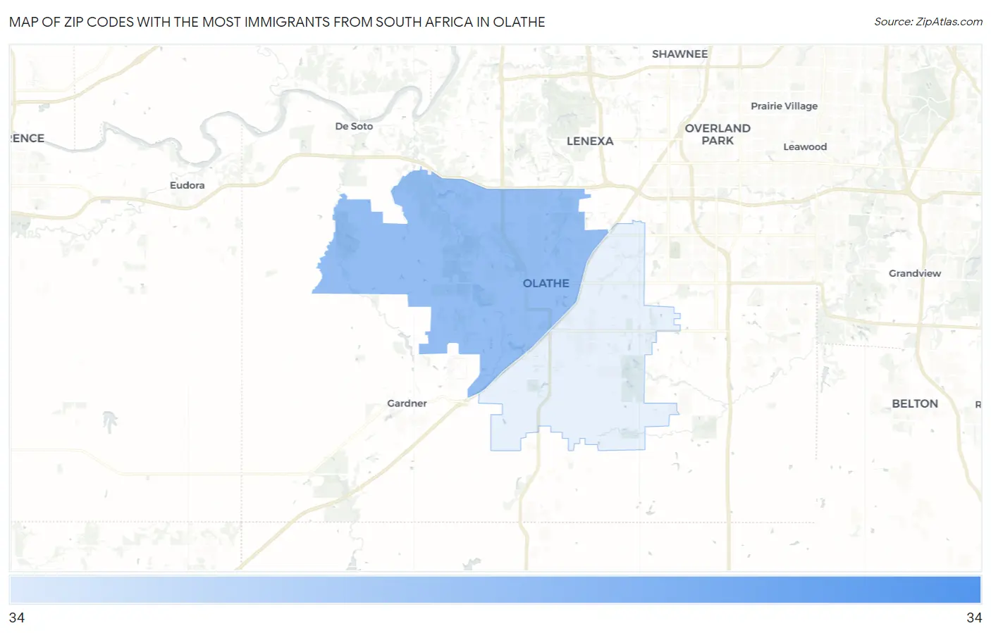Zip Codes with the Most Immigrants from South Africa in Olathe Map