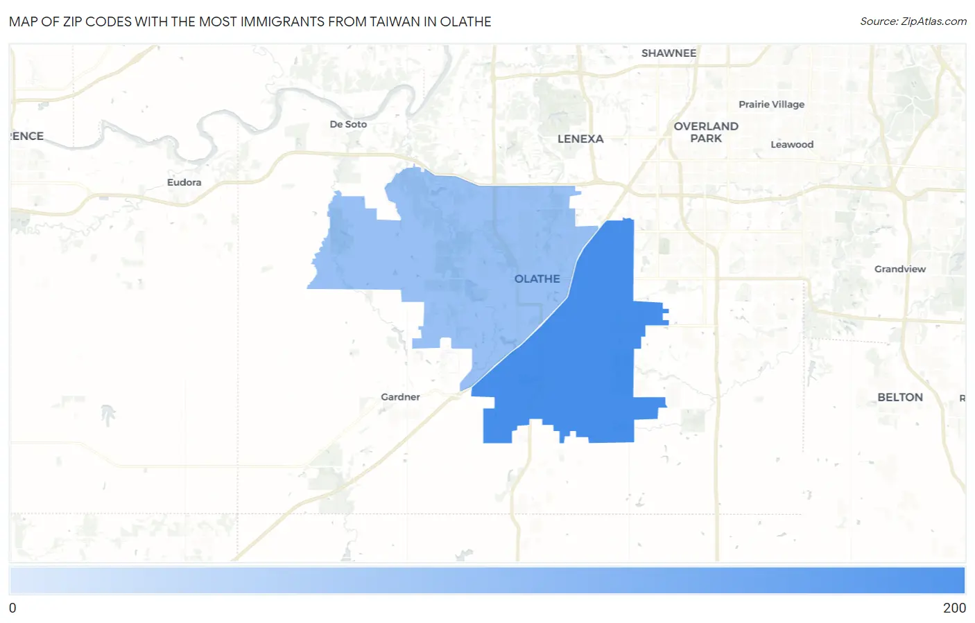 Zip Codes with the Most Immigrants from Taiwan in Olathe Map