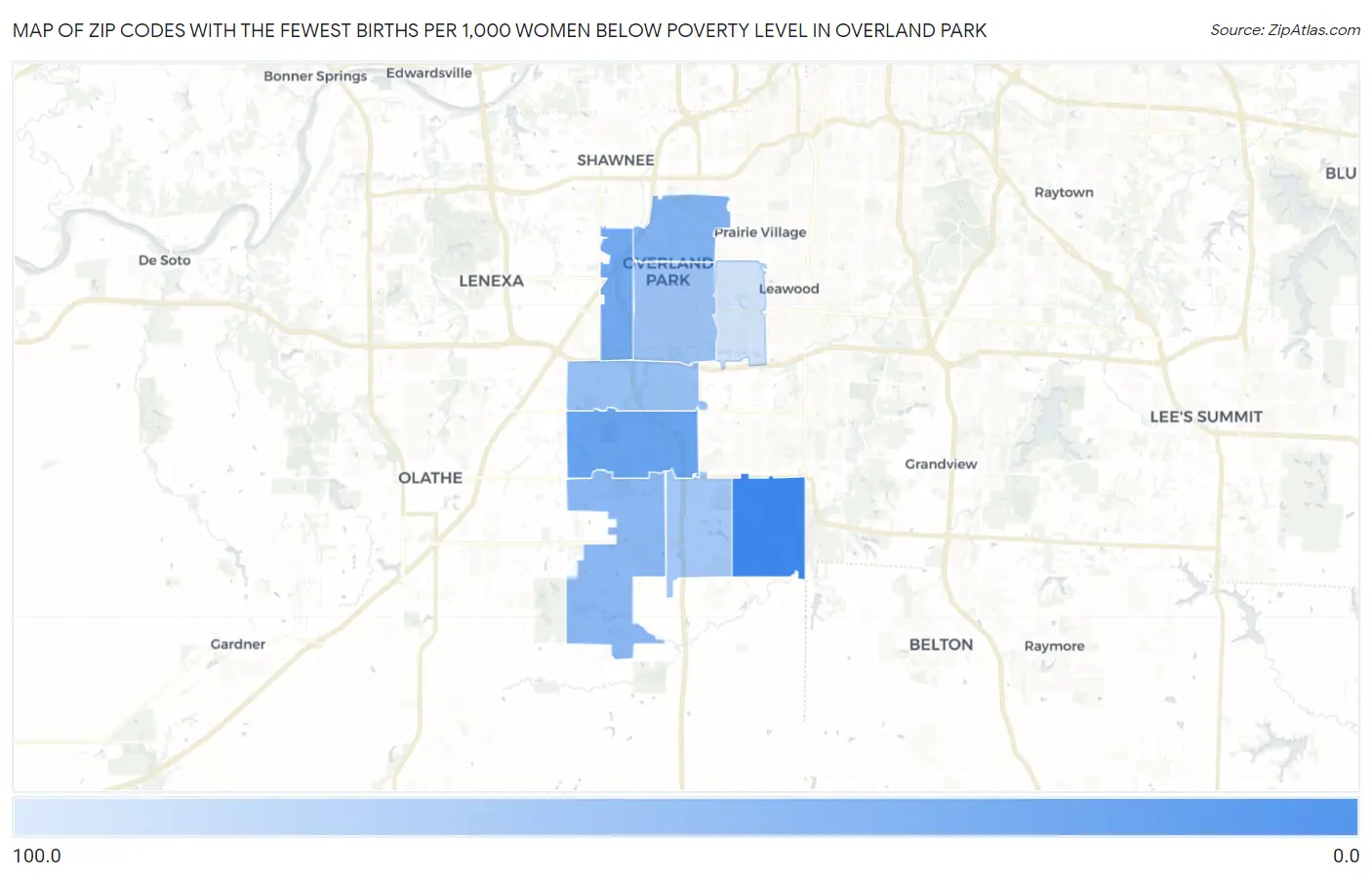 Zip Codes with the Fewest Births per 1,000 Women Below Poverty Level in Overland Park Map