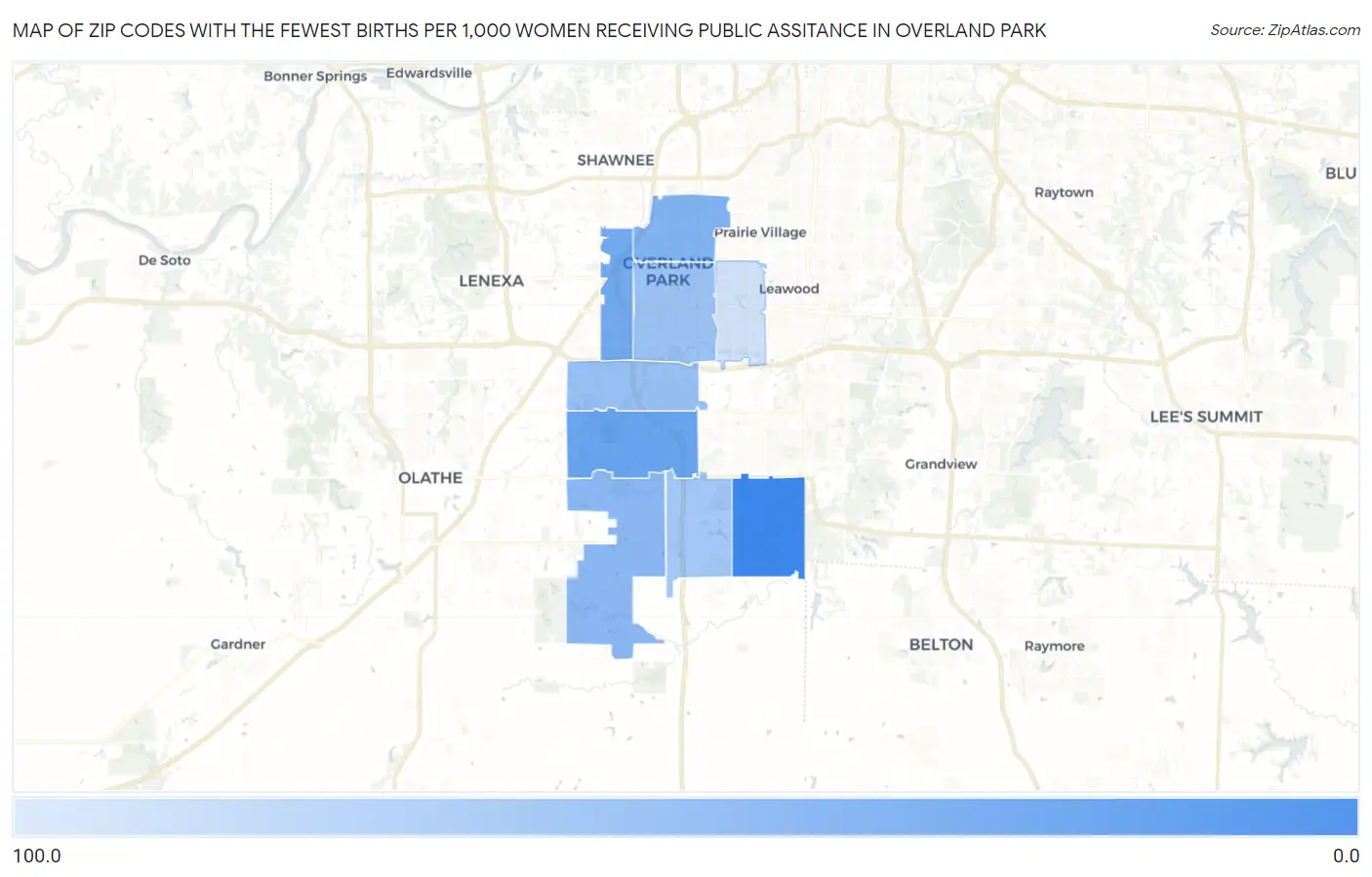 Zip Codes with the Fewest Births per 1,000 Women Receiving Public Assitance in Overland Park Map