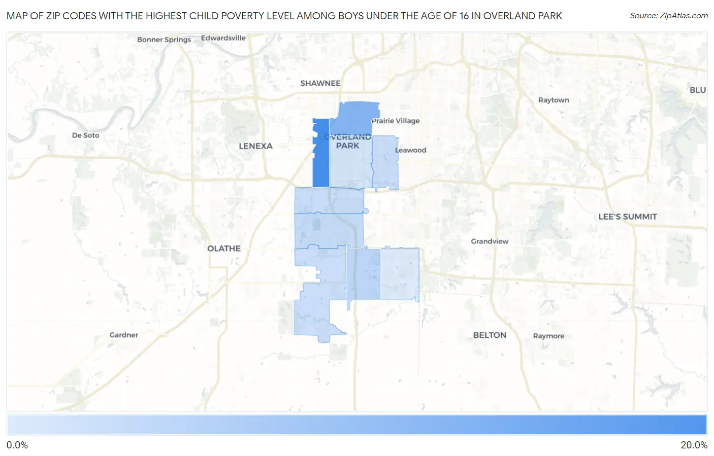 Zip Codes with the Highest Child Poverty Level Among Boys Under the Age of 16 in Overland Park Map