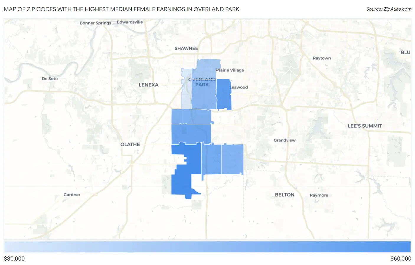 Zip Codes with the Highest Median Female Earnings in Overland Park Map