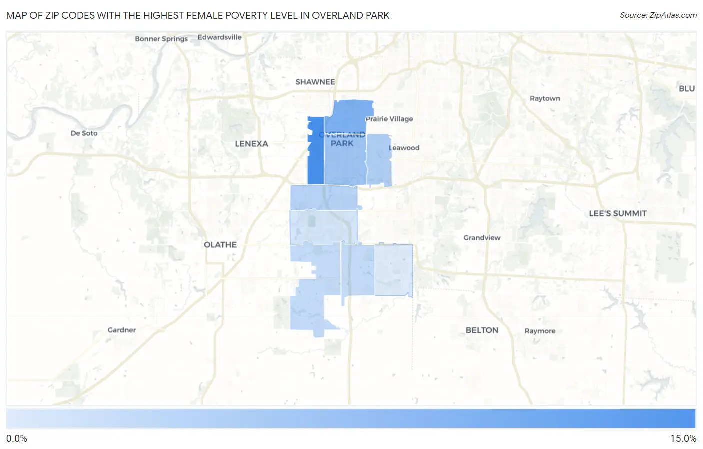 Zip Codes with the Highest Female Poverty Level in Overland Park Map