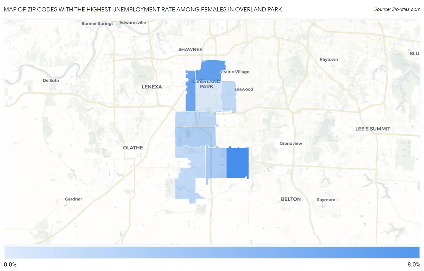 Zip Codes with the Highest Unemployment Rate Among Females in Overland Park Map