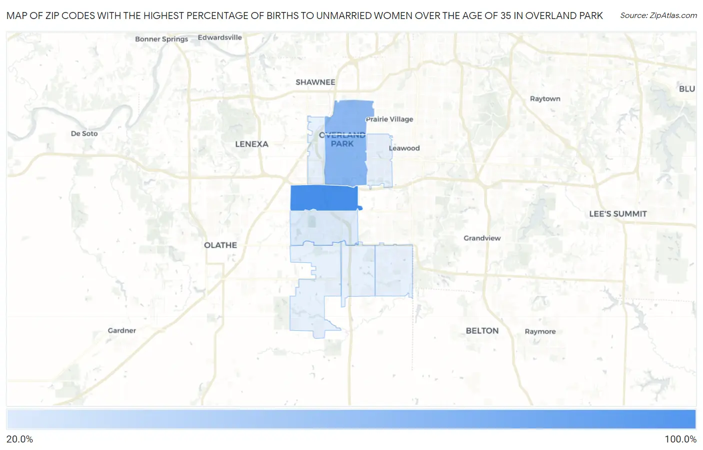 Zip Codes with the Highest Percentage of Births to Unmarried Women over the Age of 35 in Overland Park Map
