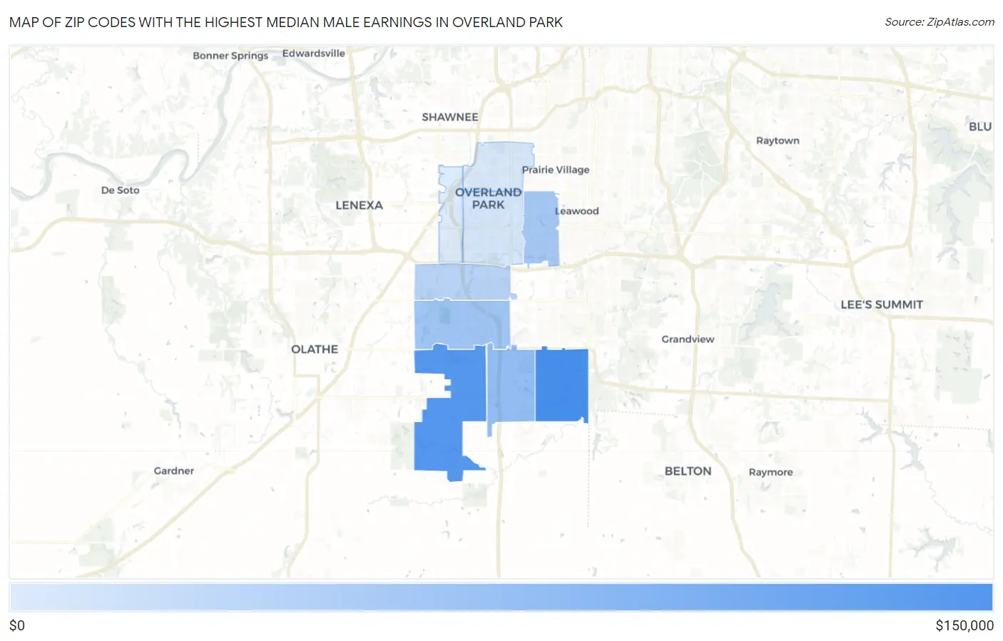 Zip Codes with the Highest Median Male Earnings in Overland Park Map