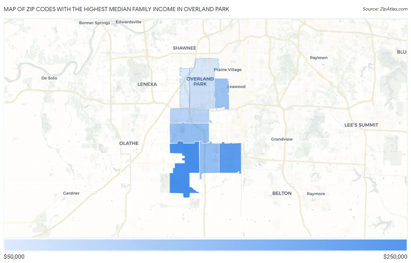Zip Codes with the Highest Median Family Income in Overland Park Map
