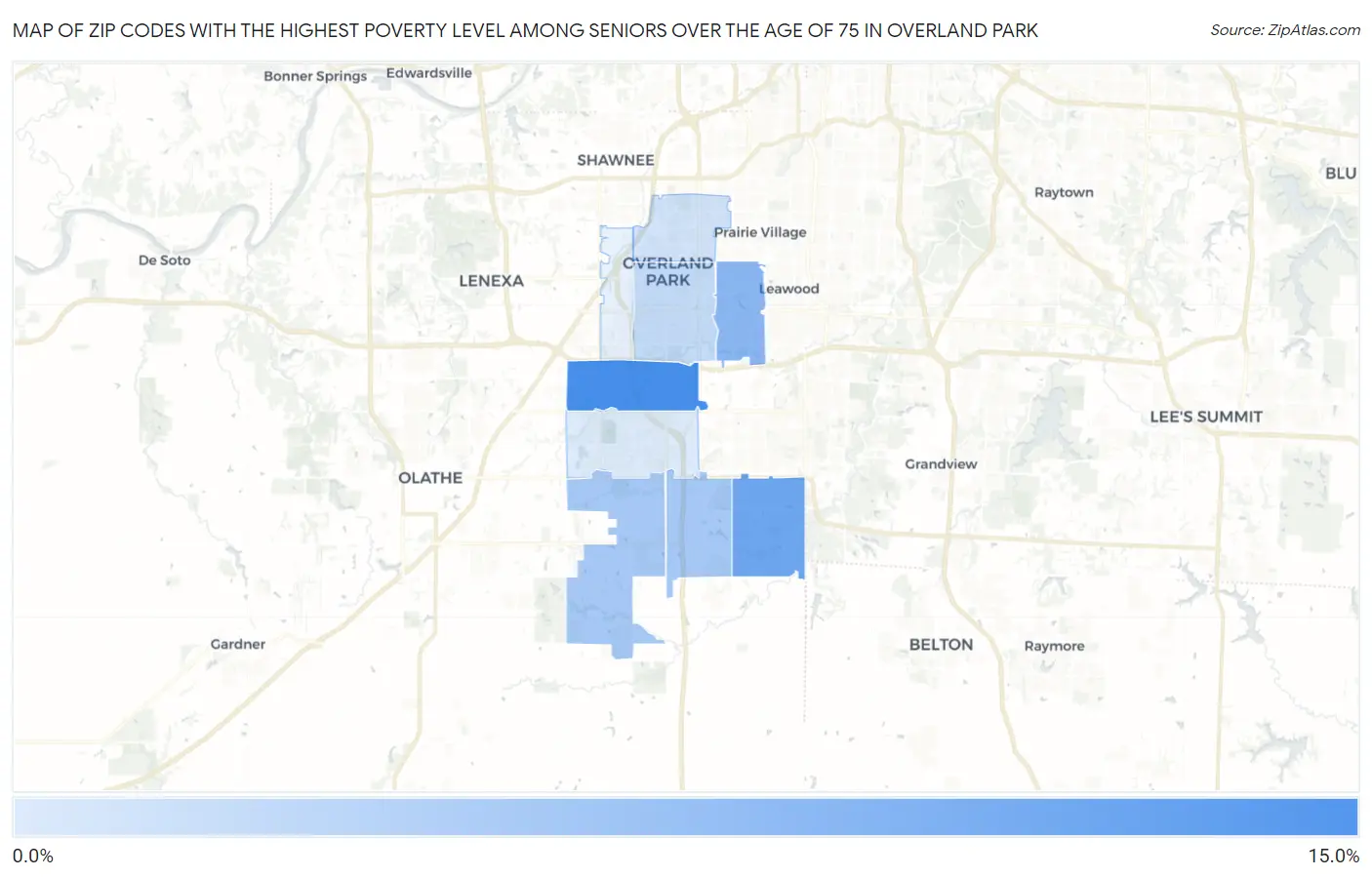 Zip Codes with the Highest Poverty Level Among Seniors Over the Age of 75 in Overland Park Map