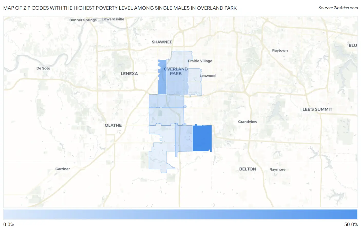 Zip Codes with the Highest Poverty Level Among Single Males in Overland Park Map