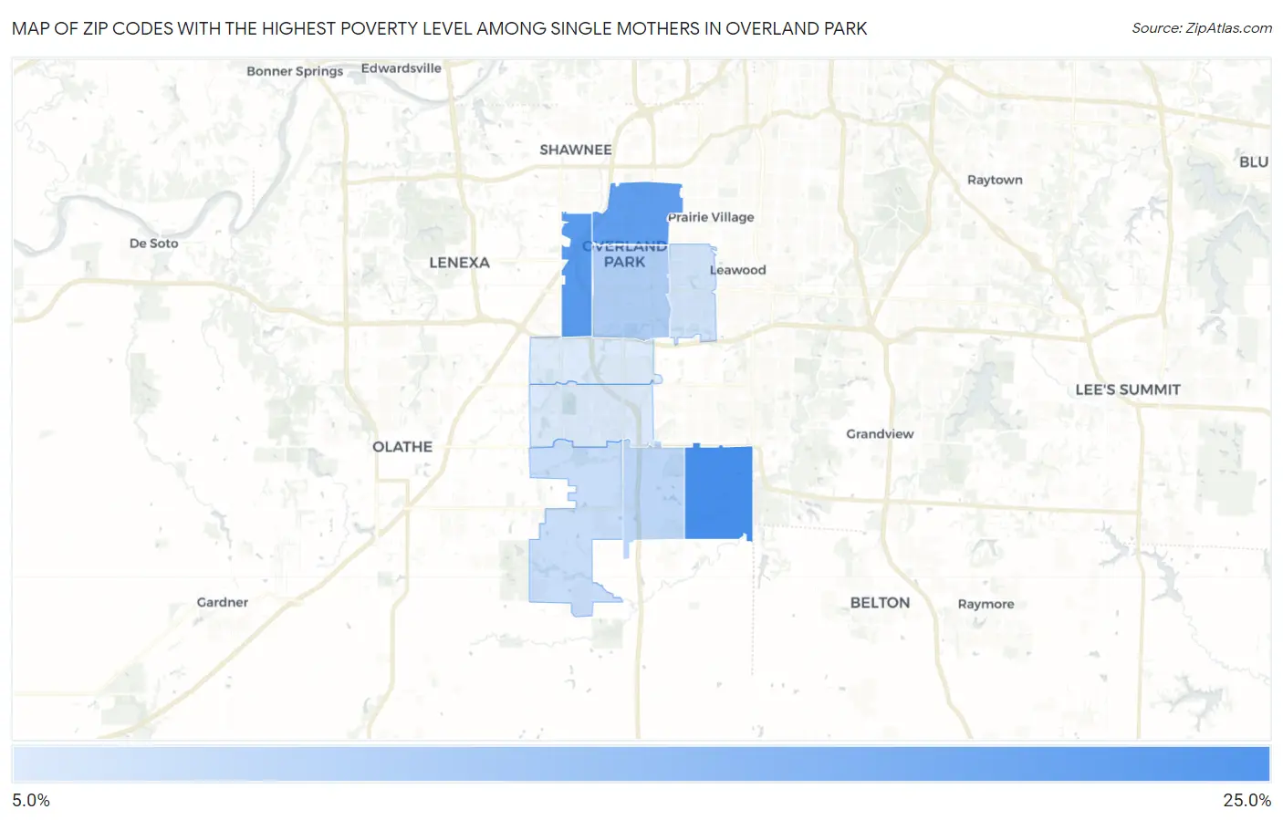 Zip Codes with the Highest Poverty Level Among Single Mothers in Overland Park Map