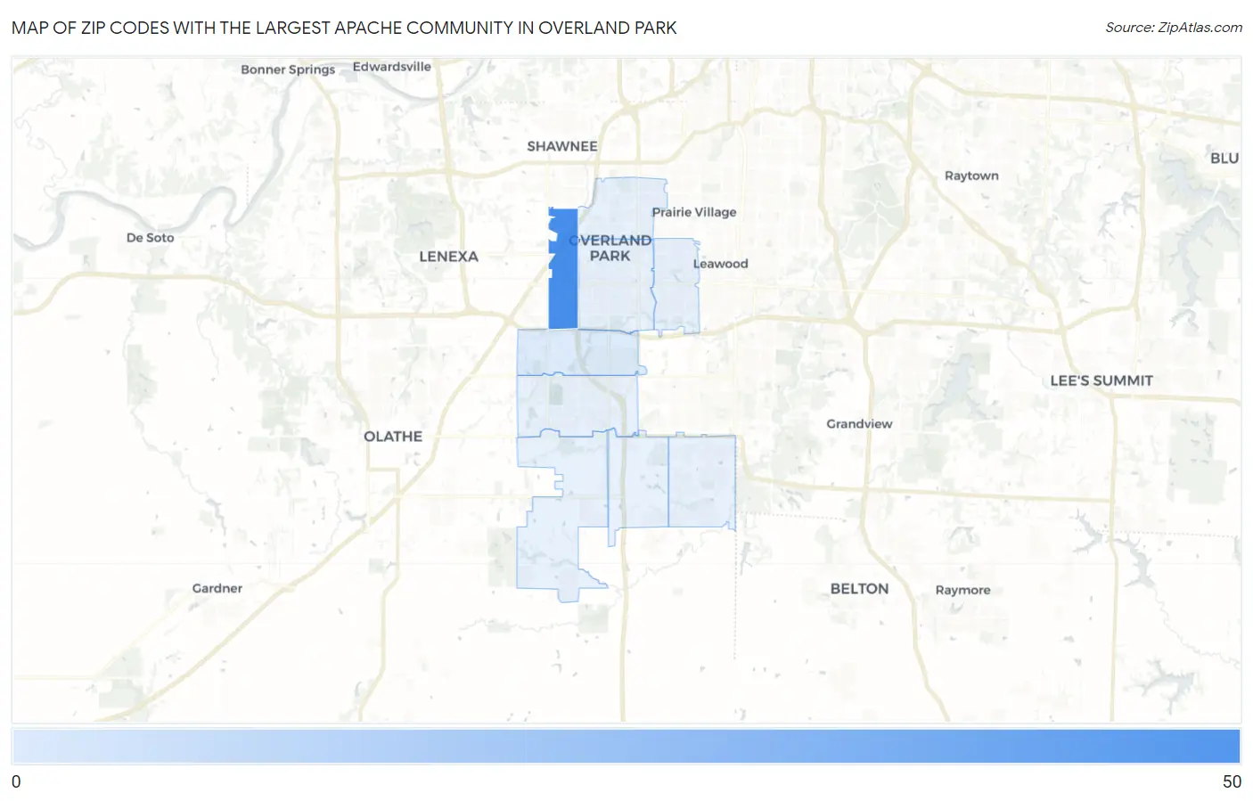 Zip Codes with the Largest Apache Community in Overland Park Map