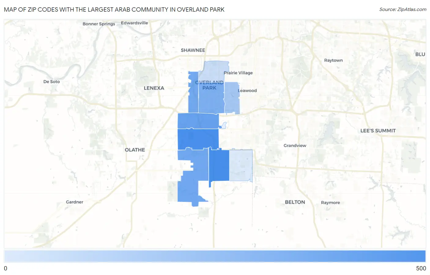 Zip Codes with the Largest Arab Community in Overland Park Map