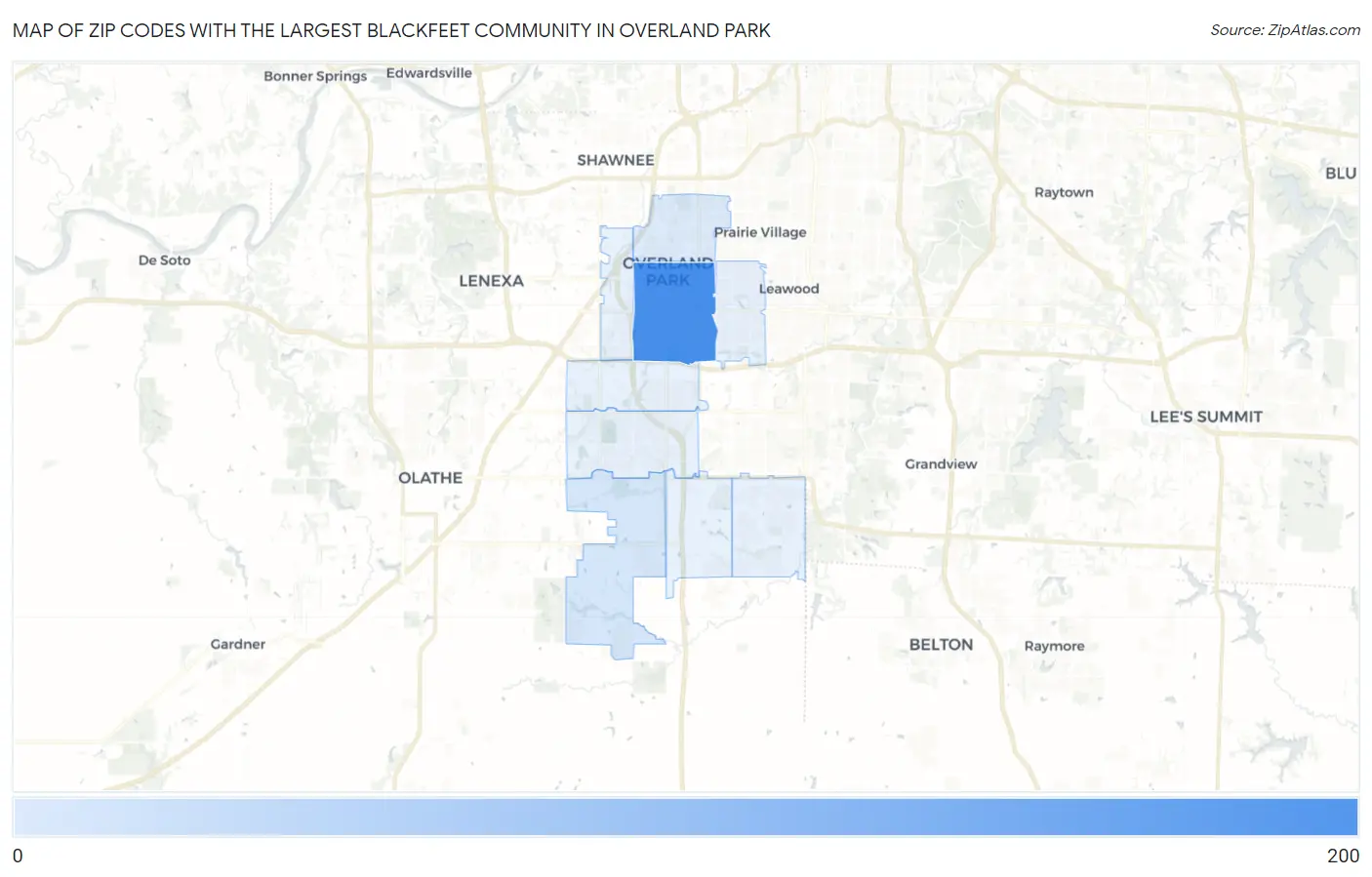 Zip Codes with the Largest Blackfeet Community in Overland Park Map