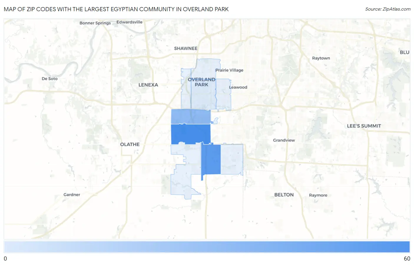 Zip Codes with the Largest Egyptian Community in Overland Park Map