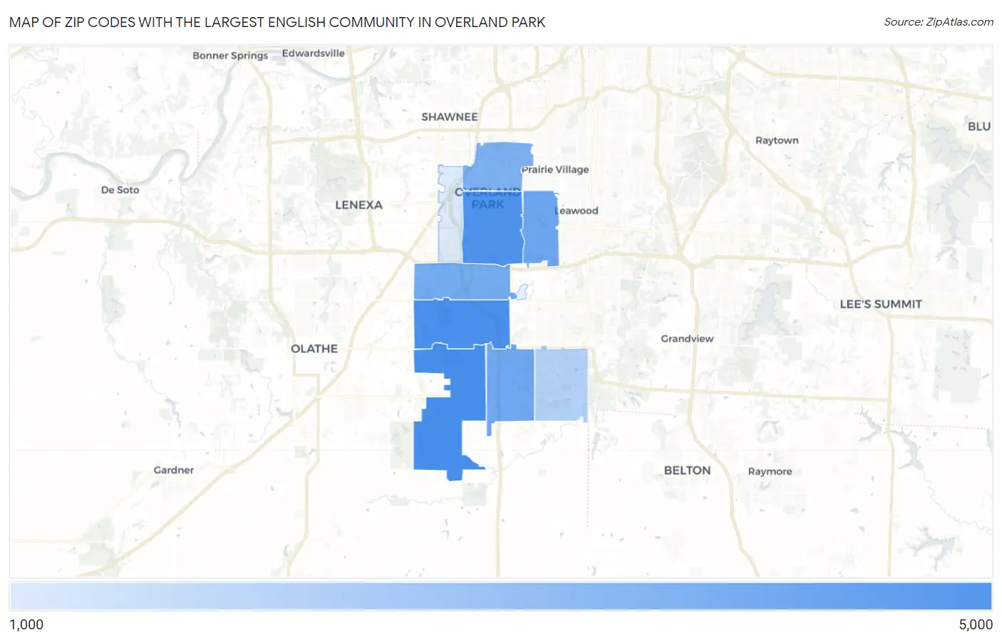 Zip Codes with the Largest English Community in Overland Park Map