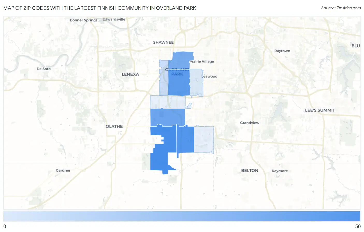 Zip Codes with the Largest Finnish Community in Overland Park Map