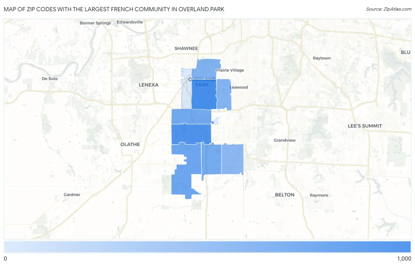 Zip Codes with the Largest French Community in Overland Park Map