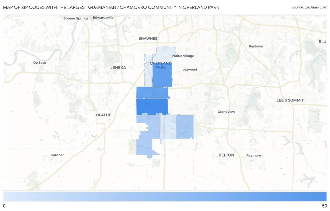 Zip Codes with the Largest Guamanian / Chamorro Community in Overland Park Map