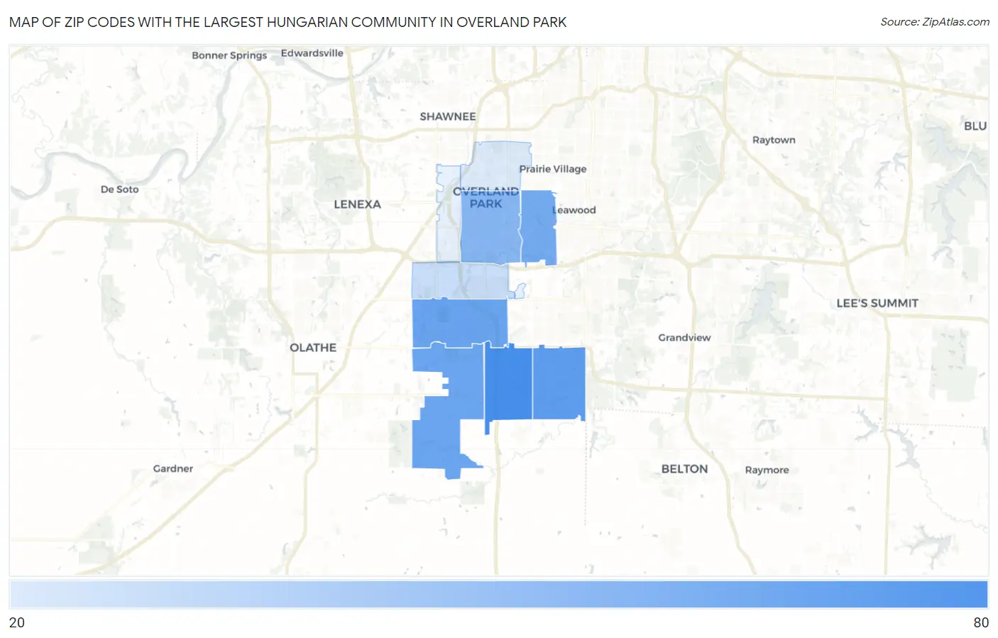 Zip Codes with the Largest Hungarian Community in Overland Park Map