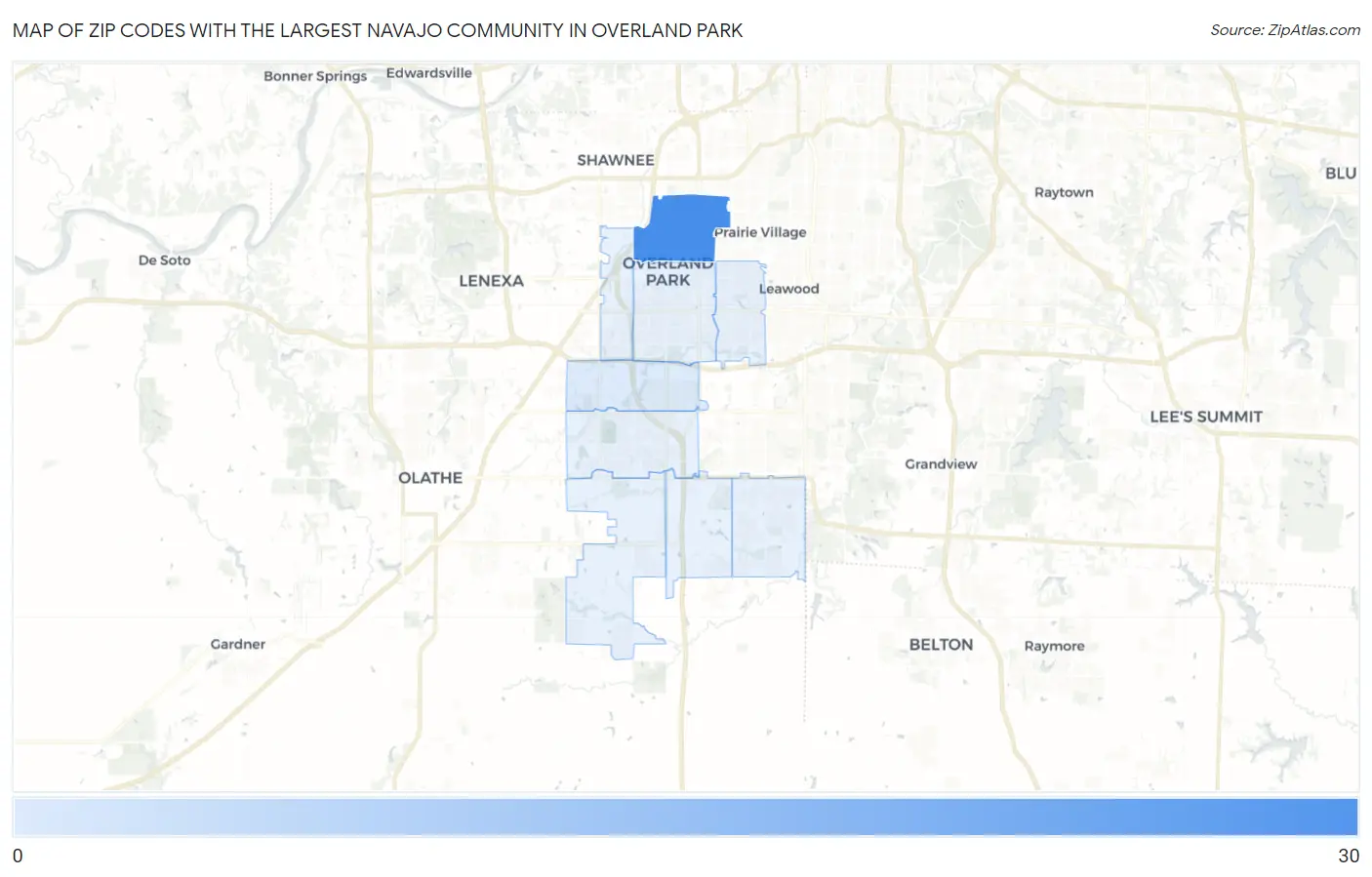 Zip Codes with the Largest Navajo Community in Overland Park Map