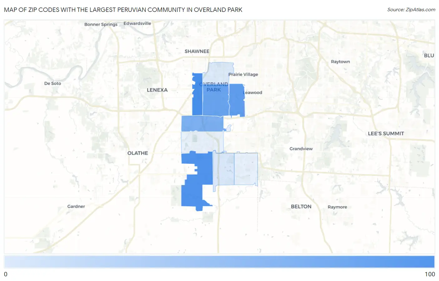 Zip Codes with the Largest Peruvian Community in Overland Park Map