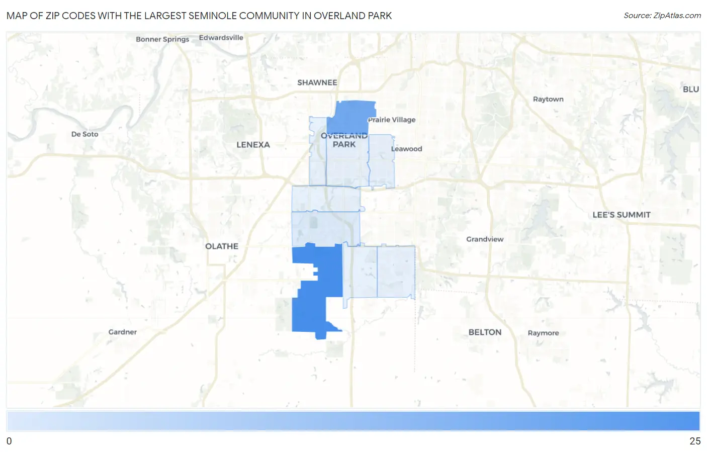 Zip Codes with the Largest Seminole Community in Overland Park Map