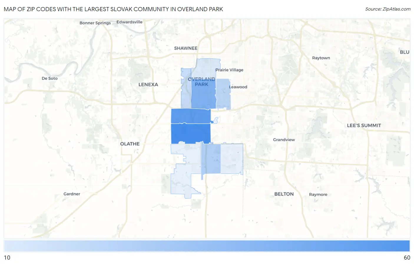 Zip Codes with the Largest Slovak Community in Overland Park Map