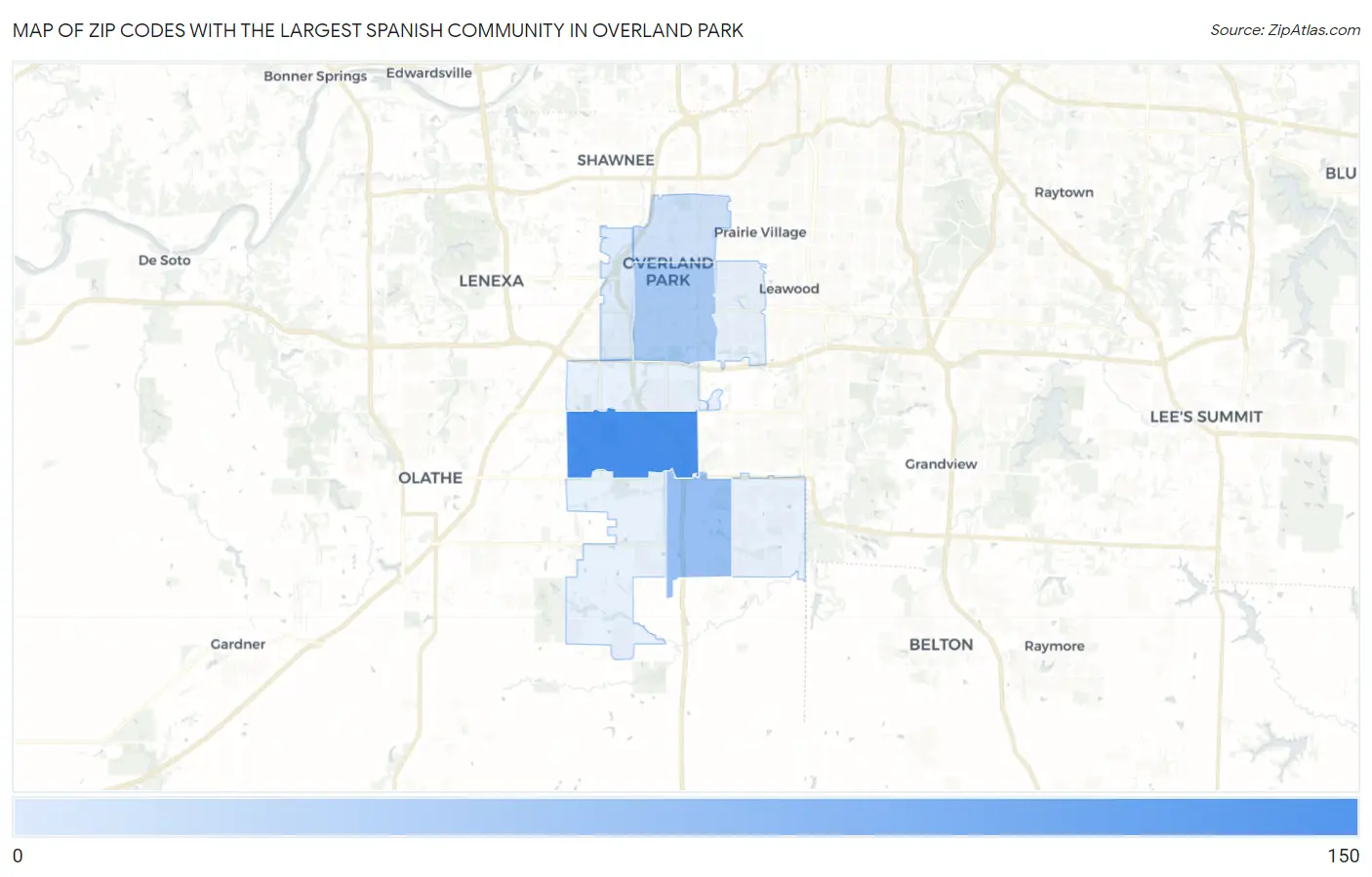 Zip Codes with the Largest Spanish Community in Overland Park Map