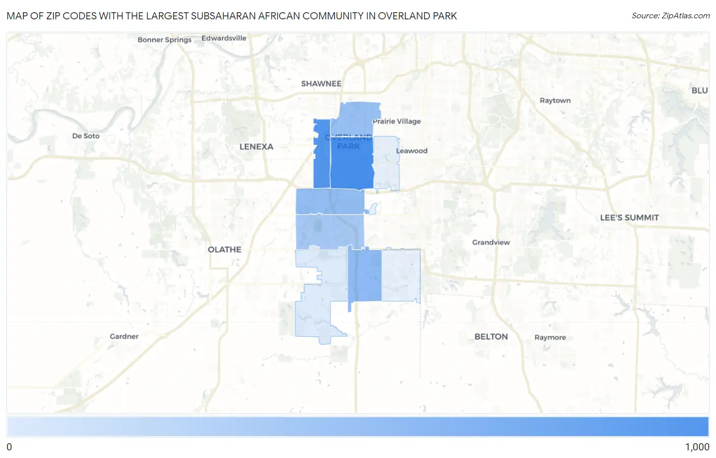 Zip Codes with the Largest Subsaharan African Community in Overland Park Map