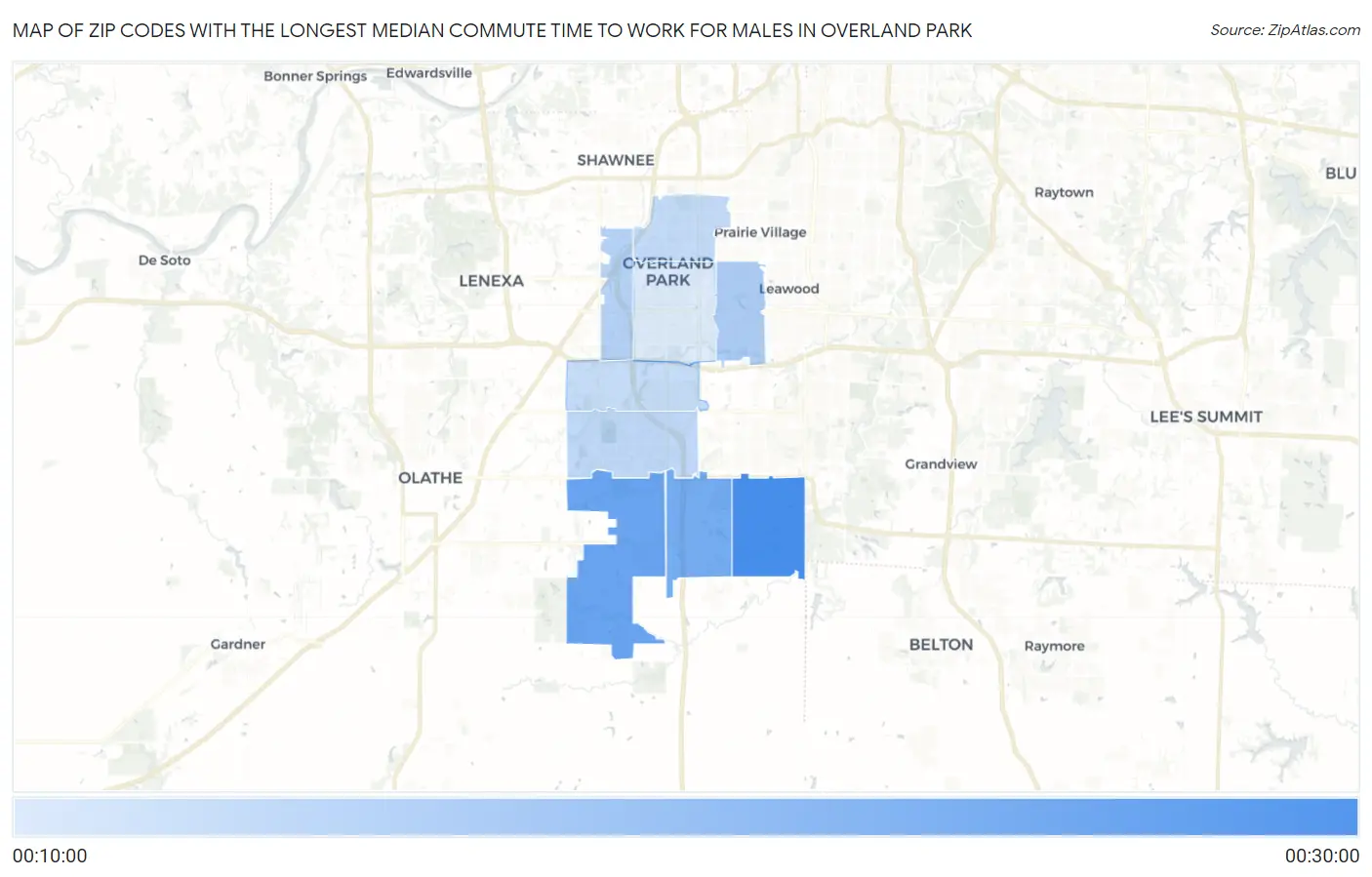 Zip Codes with the Longest Median Commute Time to Work for Males in Overland Park Map