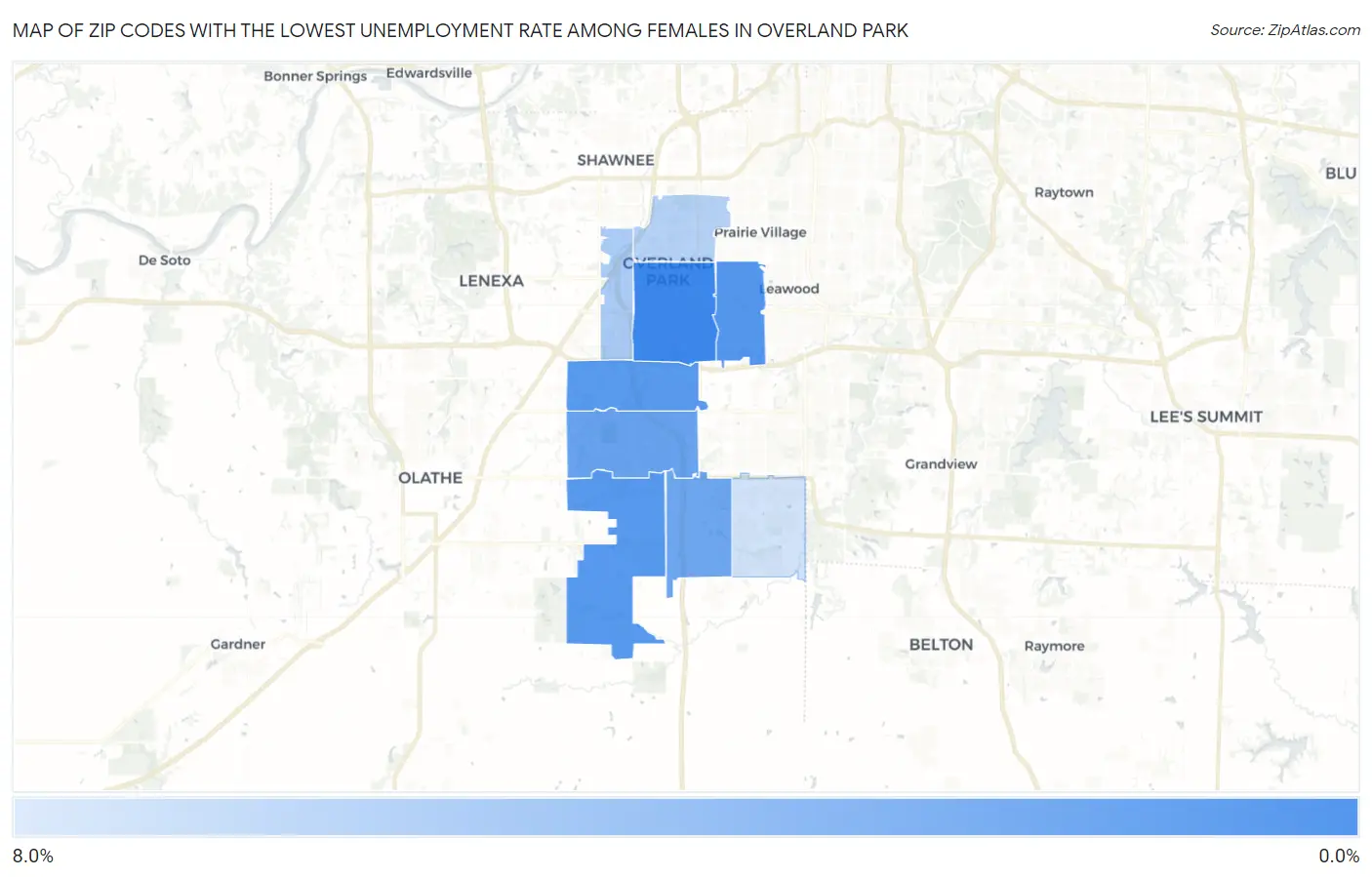 Zip Codes with the Lowest Unemployment Rate Among Females in Overland Park Map