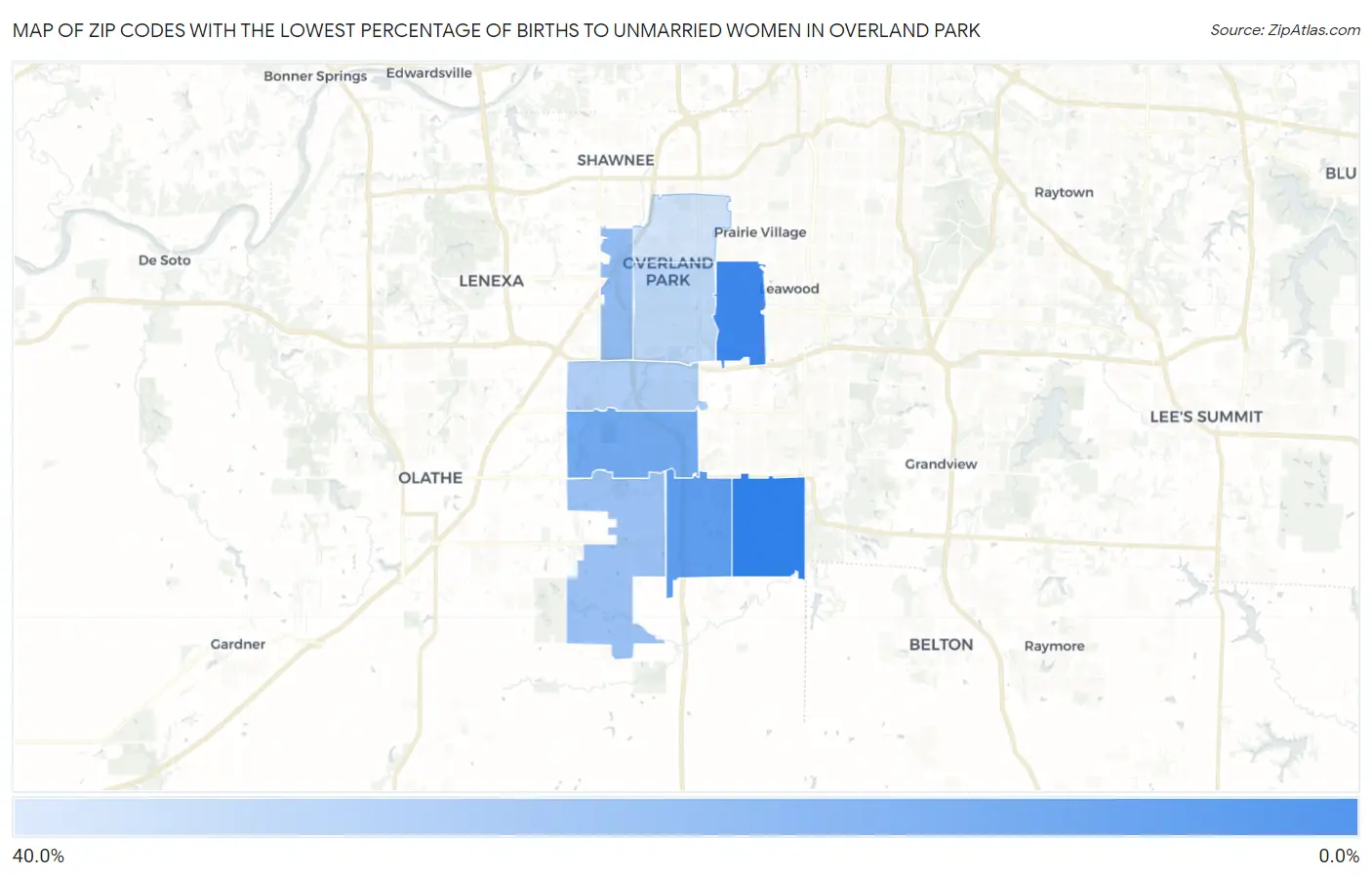 Zip Codes with the Lowest Percentage of Births to Unmarried Women in Overland Park Map