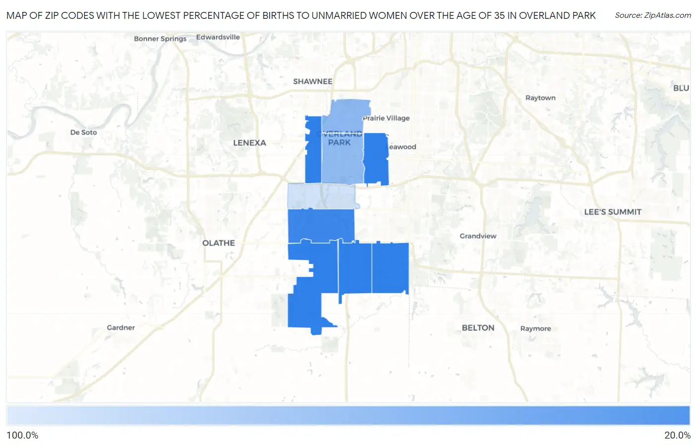 Zip Codes with the Lowest Percentage of Births to Unmarried Women over the Age of 35 in Overland Park Map