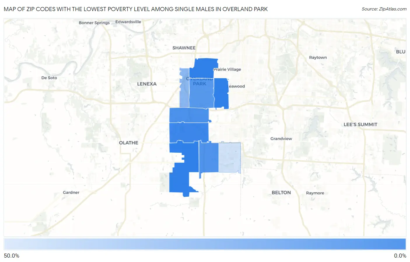 Zip Codes with the Lowest Poverty Level Among Single Males in Overland Park Map