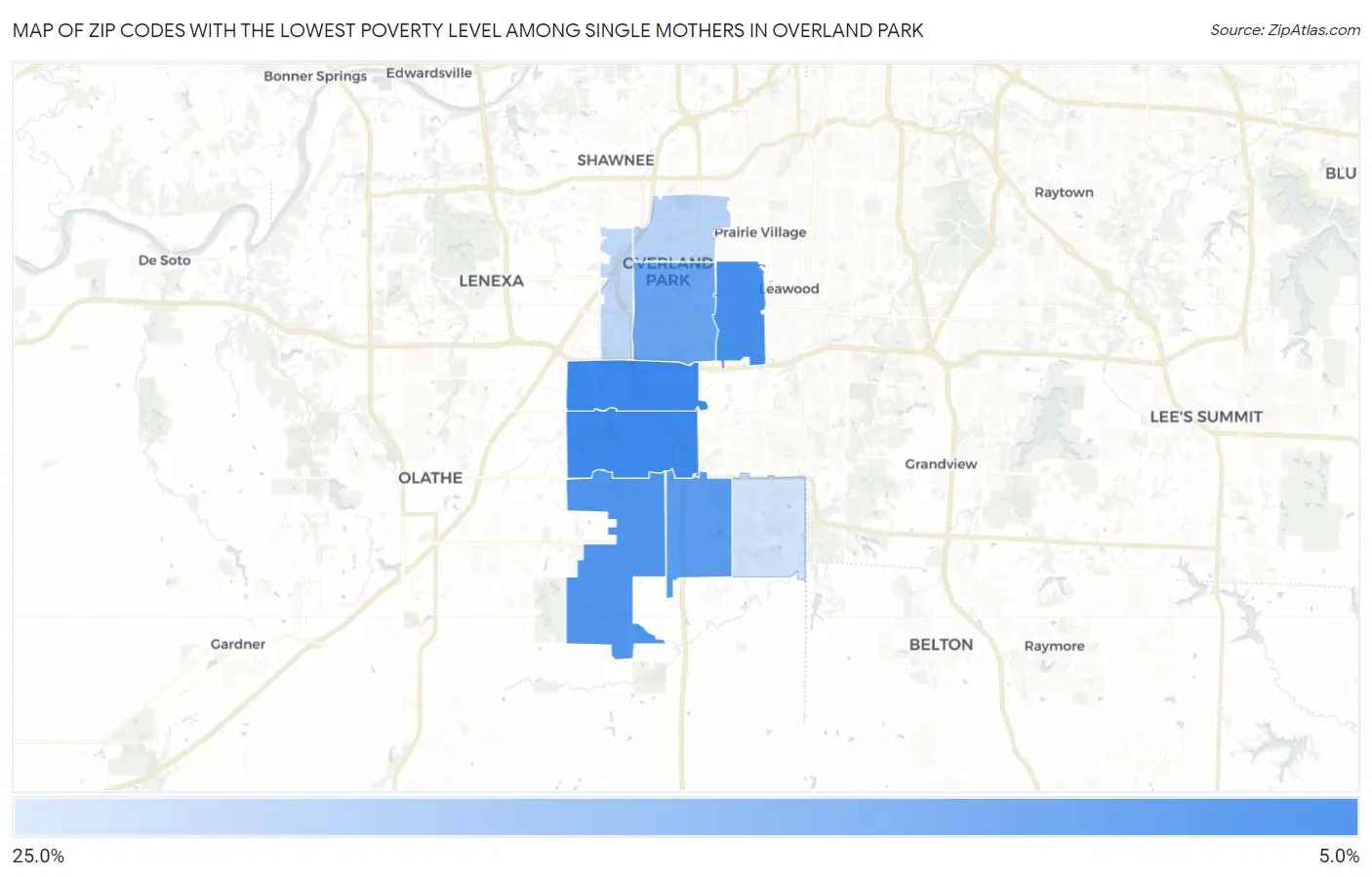 Zip Codes with the Lowest Poverty Level Among Single Mothers in Overland Park Map