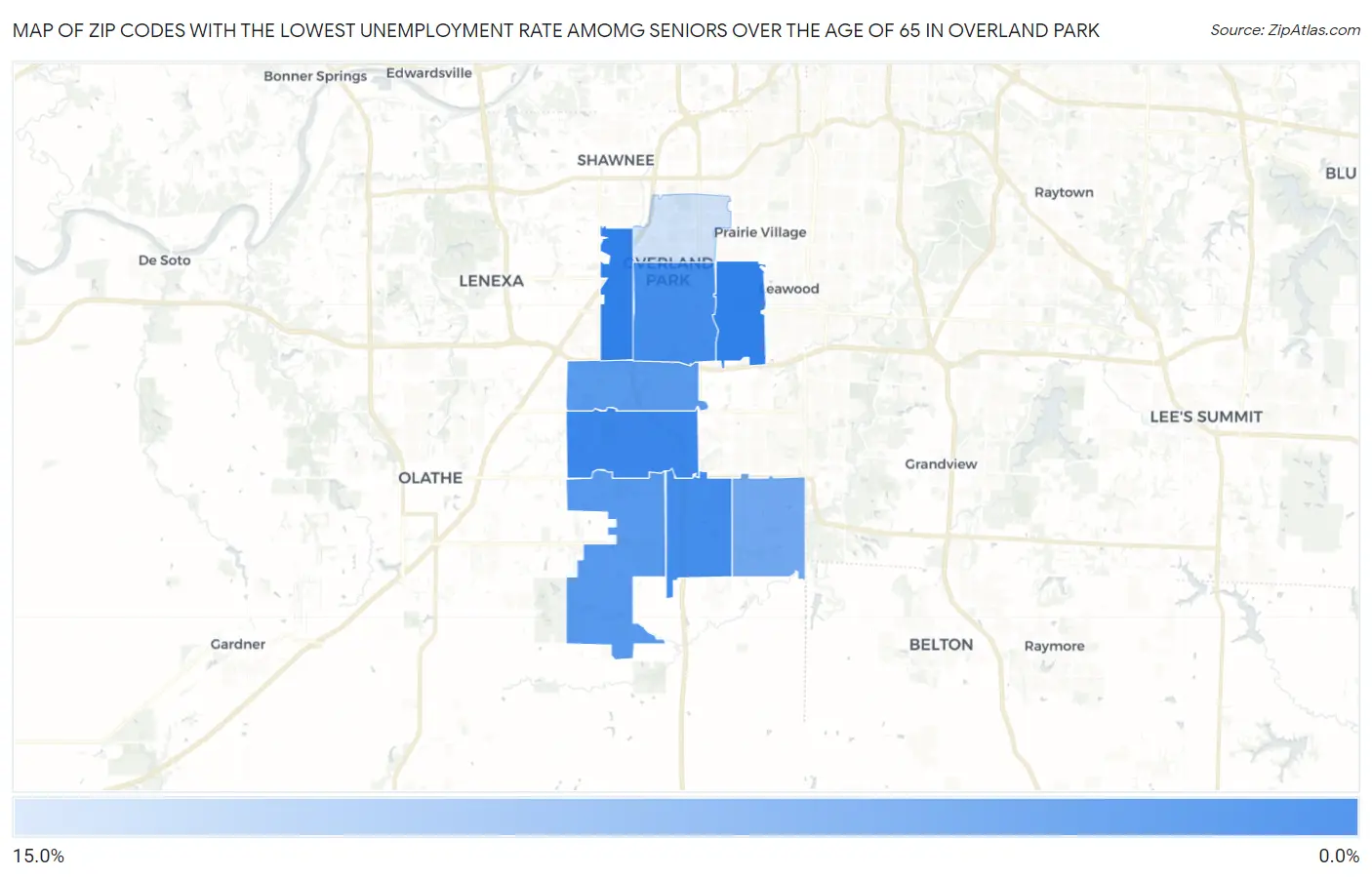 Zip Codes with the Lowest Unemployment Rate Amomg Seniors Over the Age of 65 in Overland Park Map