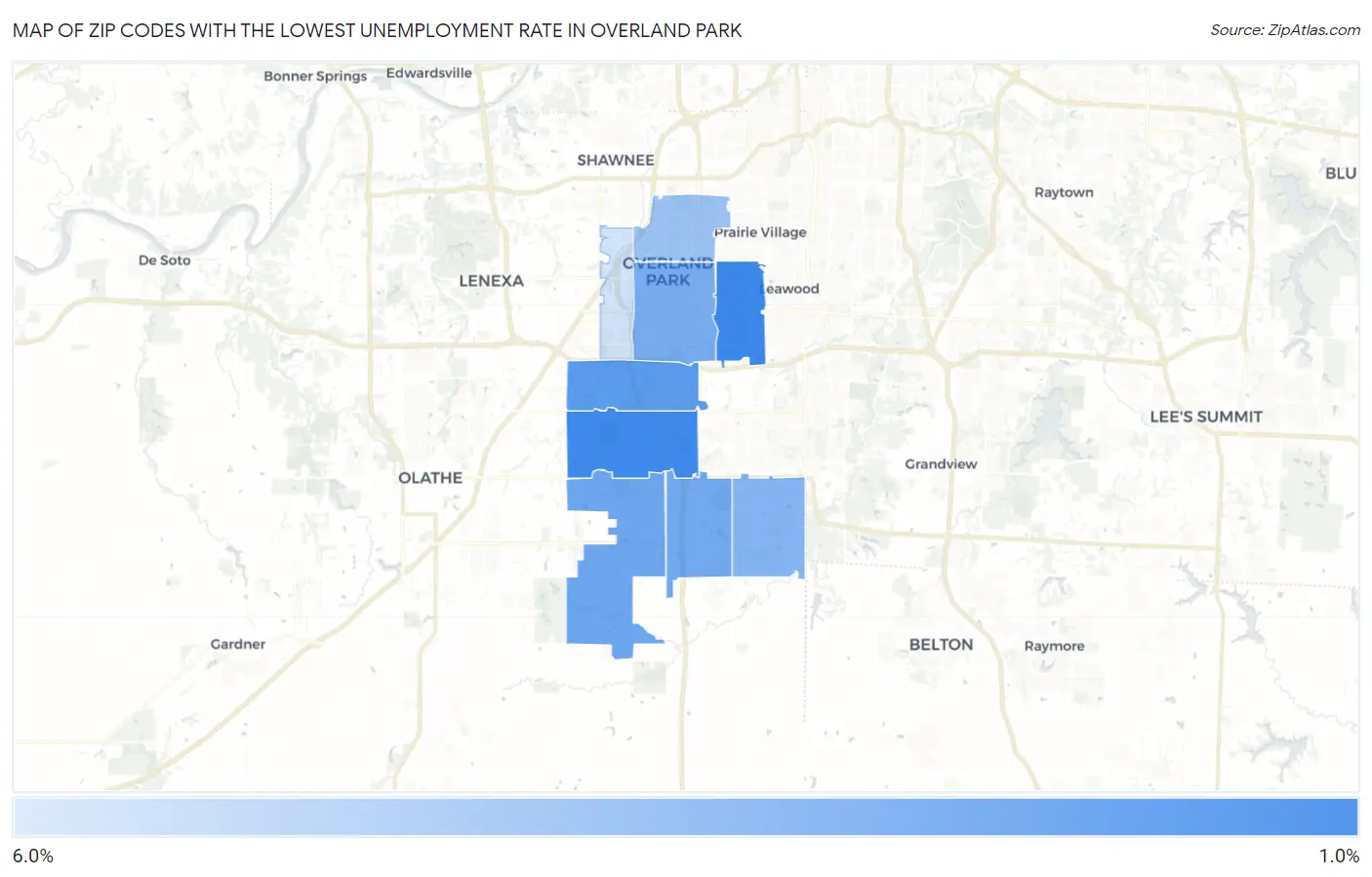 Zip Codes with the Lowest Unemployment Rate in Overland Park Map
