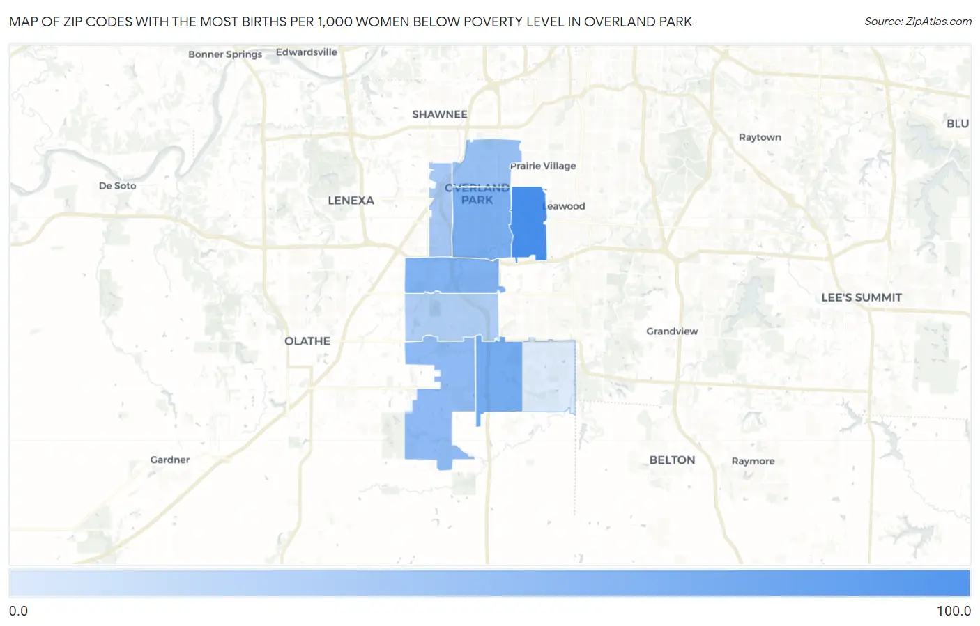 Zip Codes with the Most Births per 1,000 Women Below Poverty Level in Overland Park Map