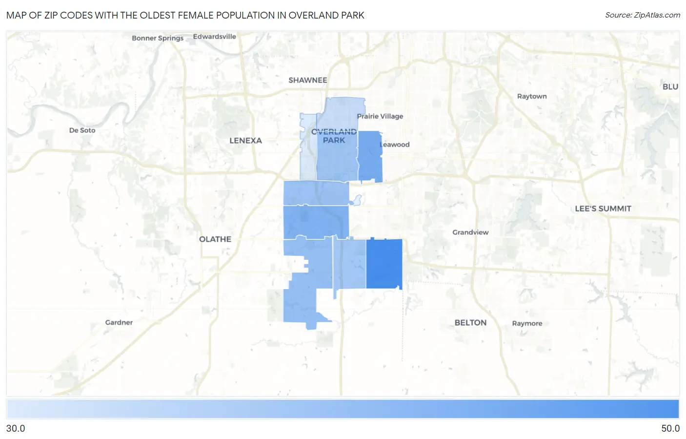 Zip Codes with the Oldest Female Population in Overland Park Map